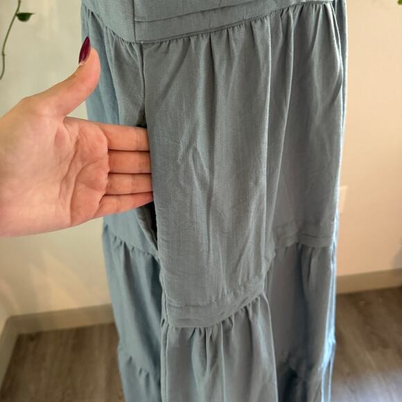 Kirundo Blue Square Neck Puff Sleeve Tiered Maxi Dress Pockets Medium Lagenlook - Picture 5 of 10